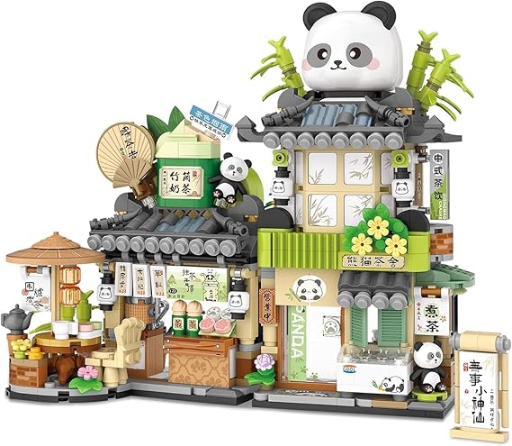 QLT 860PCS Panda Building Set, Street View Tea Shop Mini Building Blocks, Not Compatible with Lego Panda House, Creative Cute Animals Building Block, Architecture Construction Kit for Kids Adults