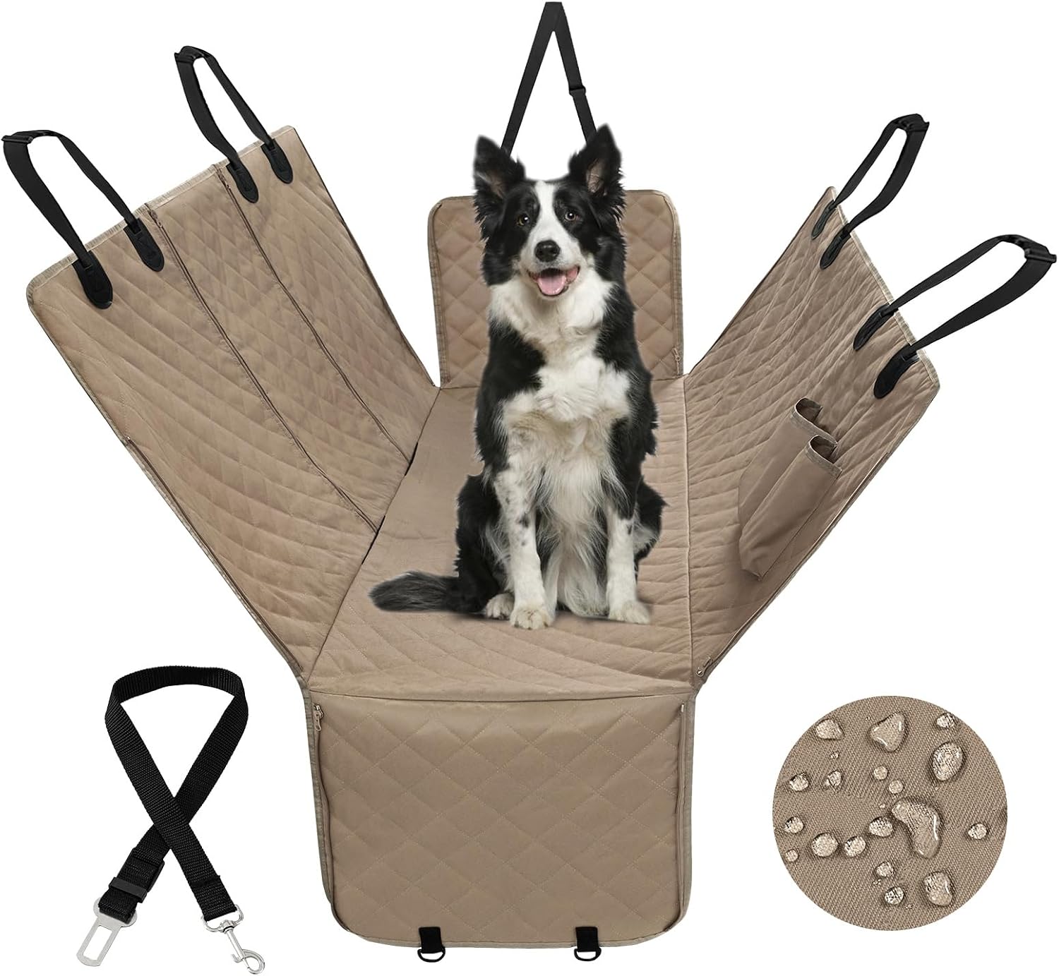 PureFit Dog Car Seat Cover for Back Seat, 100% Waterproof Dog Car Hammock with Storage Pocket, Pet Back Seat Covers Scratch Proof Nonslip Seat Protector for Cars Trucks and SUVs - Camel, Large