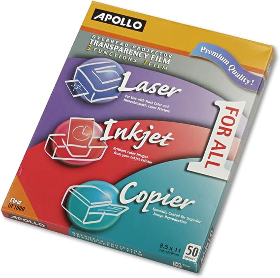 Apollo Multi-Function Transparency Film, 8.5 x 11 Inches, Clear, 50 Sheets per Pack (VUF1000E)