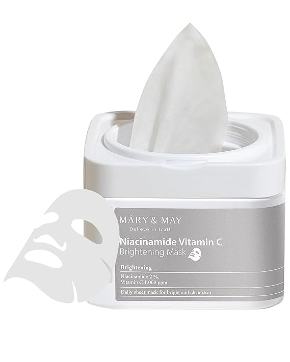 Mary&May Niacinamide + Vitamin C Daily Sheet Mask, 30 Sheets Pull-Out | Korean face mask, 2% niacinamide + 1,000 ppm stable vitamin C + six hyaluronic acids for the look of dark spots & dull skin
