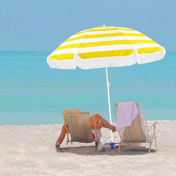 Boho Outdoor Beach Umbrellas with Fringe 6ft Yellow Patio Umbrella UV50+ Sun Protection Portable Holiday Umbrellas for Travel Table Umbrellas Waterproof Tilt Pool Backyard Umbrella