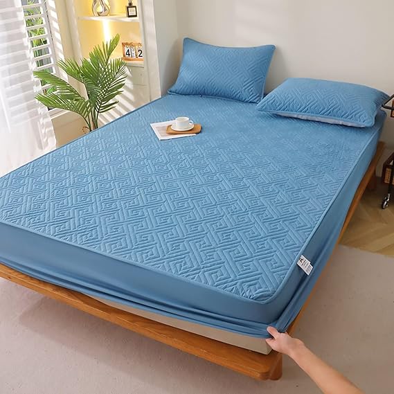 Bed Fitted Sheet Navy Blue, Cotton Fitted Sheets Solid Color Fitted Sheet + 2 Pillowcases 71"x87"(180x220cm)