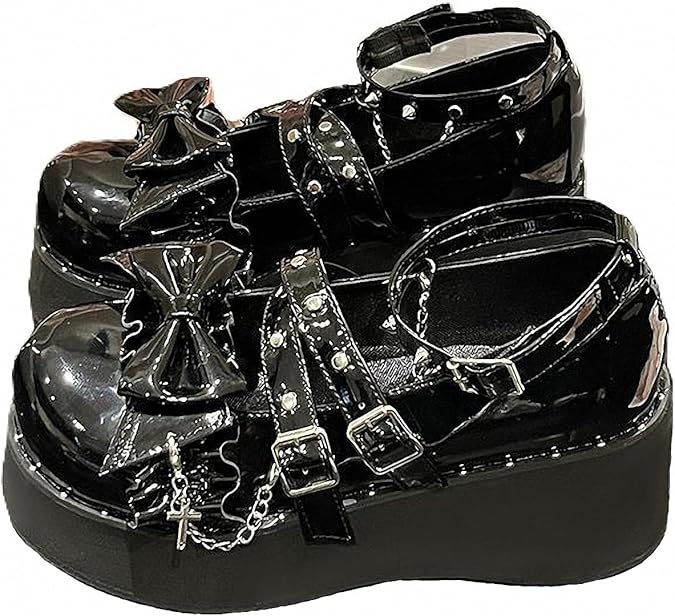 Women Lolita Mary Jane Shoes Goth Round Toe Chunky Platform Heel Lace Colorful Punk Rock Sweet Kawaii with JK Bubble Princess Dress Demin Leather Skirt Jeans