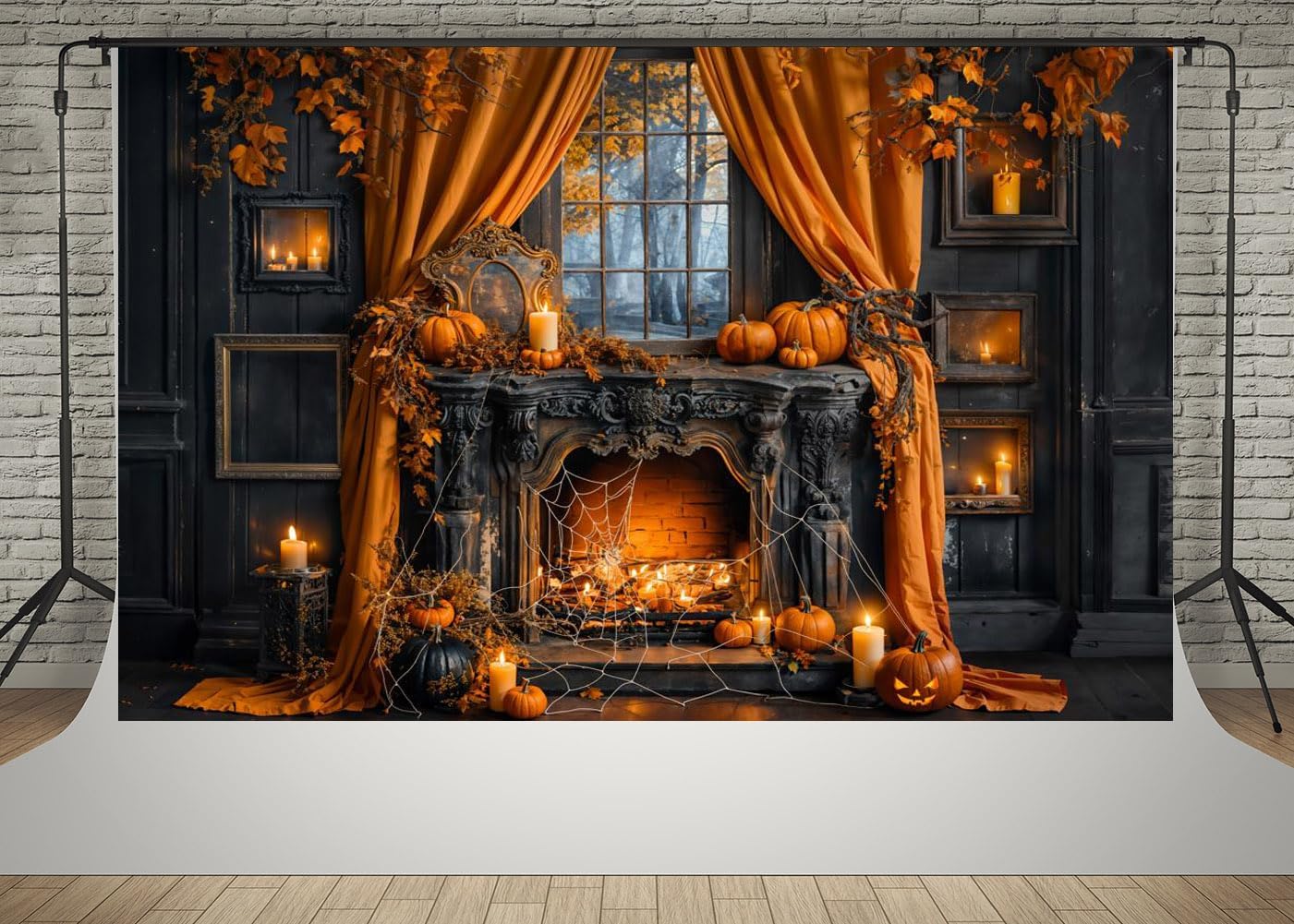Kate 10x6.5ft Abandoned House Fireplace Halloween Pumpkin Lantern Photography Backdrops Windowsill Curtain Decor Autumn Yellow Withered Leaves Photo Background