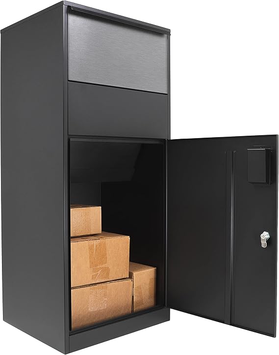 Winbest Large Steel Freestanding Floor Parcel Package Drop Box with Locking Letterbox and Multi Compartments, Black