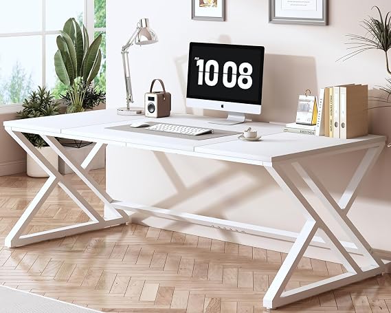HSH Large Office Desk, Modern Large Long Wood Metal Computer Desk, Farmhouse Pc Study Work Writing Desk for Two Person, Modern Double Workstation Executive Desk for Home Bedroom Living, White, 180cm