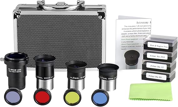 1.25 Inch Astronomical Telescope Accessory Set with Carry Case - Telescope Plossl Eyepiece Set, Filter Set, 2X Barlow Lens