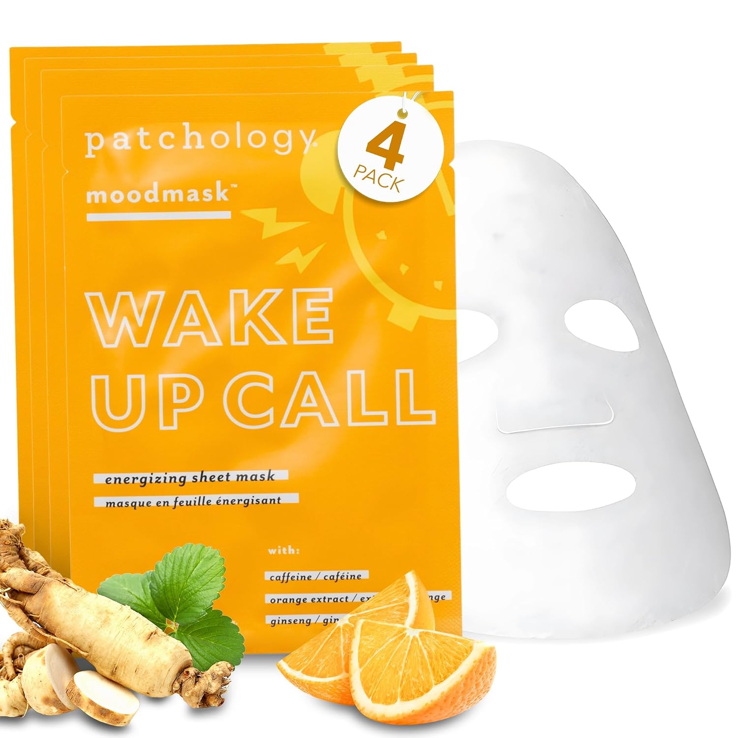 Patchology Wake Up Call Caffeine Facial Sheet Mask – Hydrating Face Mask with Caffeine, Orange Extract & Ginseng – Helps Refresh and Depuff Skin in 10 Minutes – Morning Skincare 4 Count