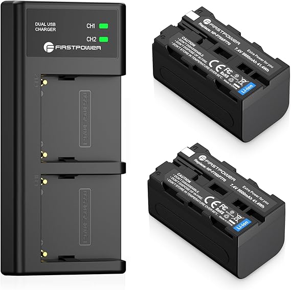 FirstPower NP-F750 Battery 2-Pack 5600mAh and Dual Charger for Sony NP F750 | For Sony NP-F550 F570 F750 F770 F960 F970, Sony CCD-TRV215 CCD-TR917 CCD-TR315, HDR-FX1000 HDR-FX7, HVR-V1U HVR-Z7U HVR-Z5U