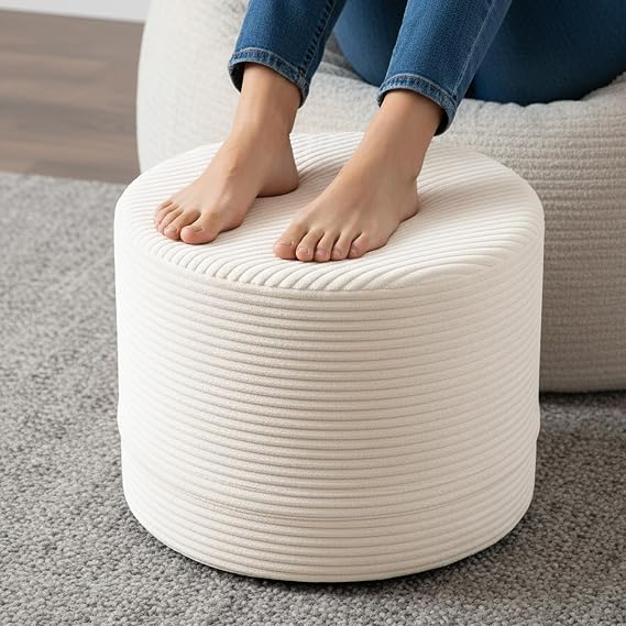 Round Stuffed Pouf Ottoman, Velvet Poufs with High-Density Foam Filling and Washable Cover, Furry and Fluffy Bean Bag Foot Stools Ottoman for Living Room, Bedroom, Office, Beige