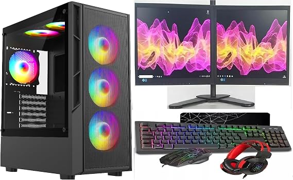 ASC Gaming PC Dual Bundle: AMD Ryzen 5 5500, 16GB RAM, 1TB SSD NVME, GT730 4GB Graphics, Windows 11, 2x22" Monitor, Black RGB 6 Fan Mesh Gaming Case
