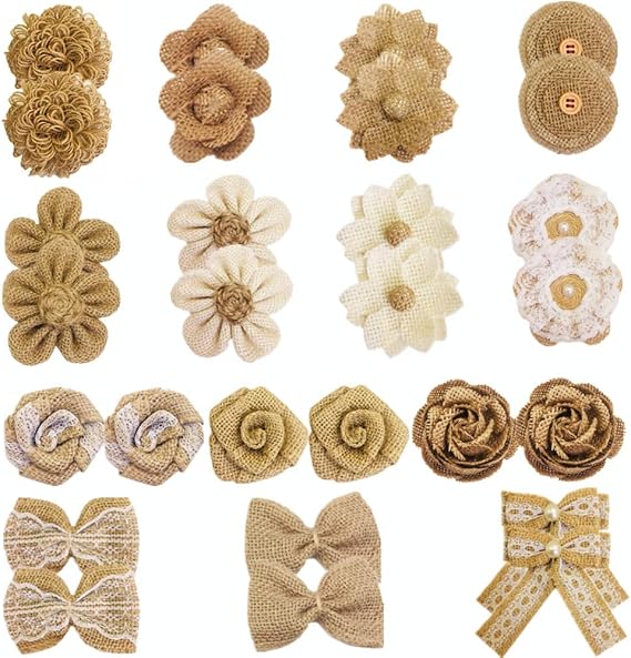 OZXCHIXU 28 PCS Natural Burlap Flowers Set,Handmade Rustic Flowers and Burlap Bowknots for Wedding Decoration,Home Embellishment DIY Crafts,Gift Wrapping Bows