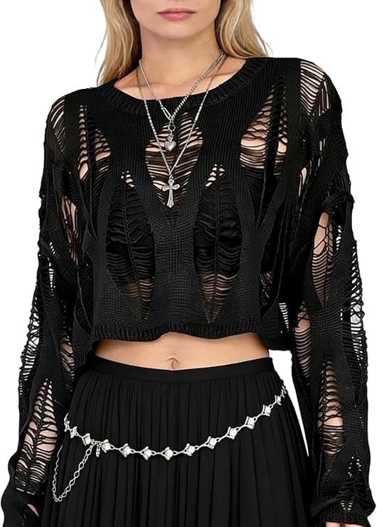 Goth Y2K Striped Sweater Grunge Ripped Punk Gothic Sweaters for Women | Harajuku Aesthetic Halloween Cosplay Costume Knit Pullover Tops