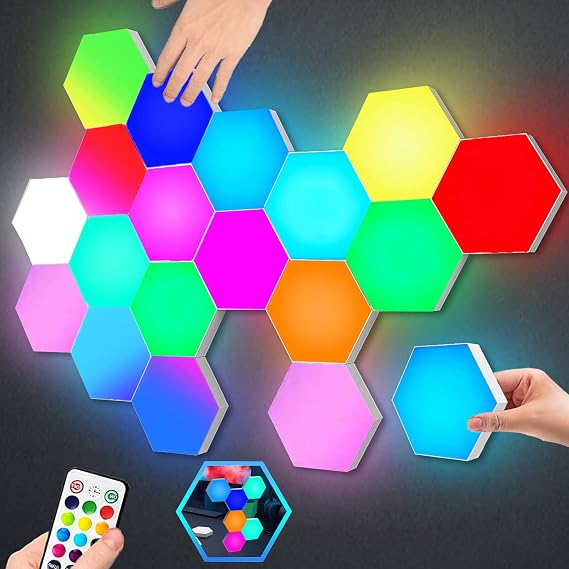 Hexagon Lights with Remote Control, Smart LED Wall Light Panels Touch-Sensitive RGB Gaming Night Lights Mood Lighting DIY Geometry Splicing Module for Gaming Room Bedroom Party Streaming, 10 Pack [Energy Class G]