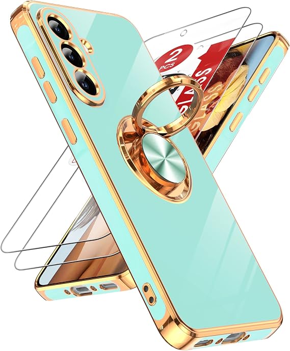 LeYi for Samsung A36-5G Case: with 2 Pack Tempered Glass Screen Protector and 360 Rotatable Ring Holder Magnetic Kickstand, Plating Rose Gold Edge for A36 5G Case, Cute Present for Mom, Mint