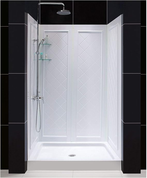 DreamLine 34 in. D x 48 in. W x 76 3/4 in. H Center Drain Acrylic Shower Base and QWALL-5 Backwall Kit In White, DL-6071C-01