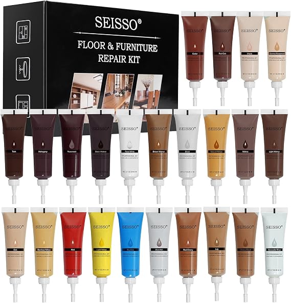 SEISSO Furniture Repair Kit, Wood Floor Repair Kit Furniture Touch Up Kit Cover Wood Scratch Restorer Filler for Wooden Floor, Table, Door, Cabinet, with 24 Brushes, 2 Scrapers (24 Colors (set of 50))