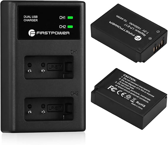 FirstPower 2-Pack LP-E17 Battery and Dual USB Charger for Canon EOS RP R8 R10 R50 R100, Rebel T6i T7i T8i T6s SL2 SL3, Powershot V1, M3 M5 M6, M6 Mark II, 200D 77D 750D 760D 800D 8000D Camera