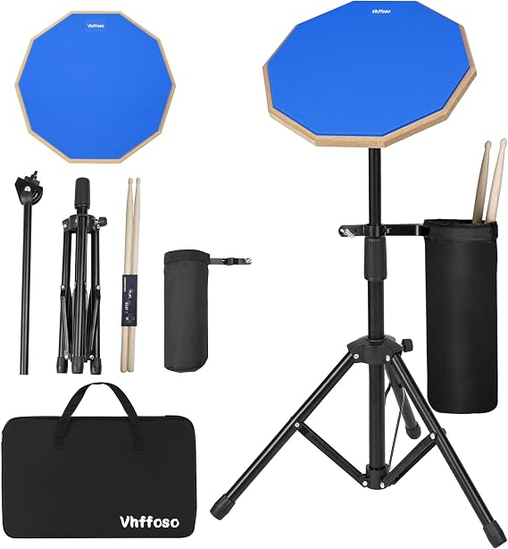 Upgraded 12 Inch Practice Drum Pad with Stand, Sticks and Drum Stick Bucket, Beginner Snare Drum Pad with Drumsticks(one pair) and Carrying Bag, Double Sided Silent Drum Pad (Blue)