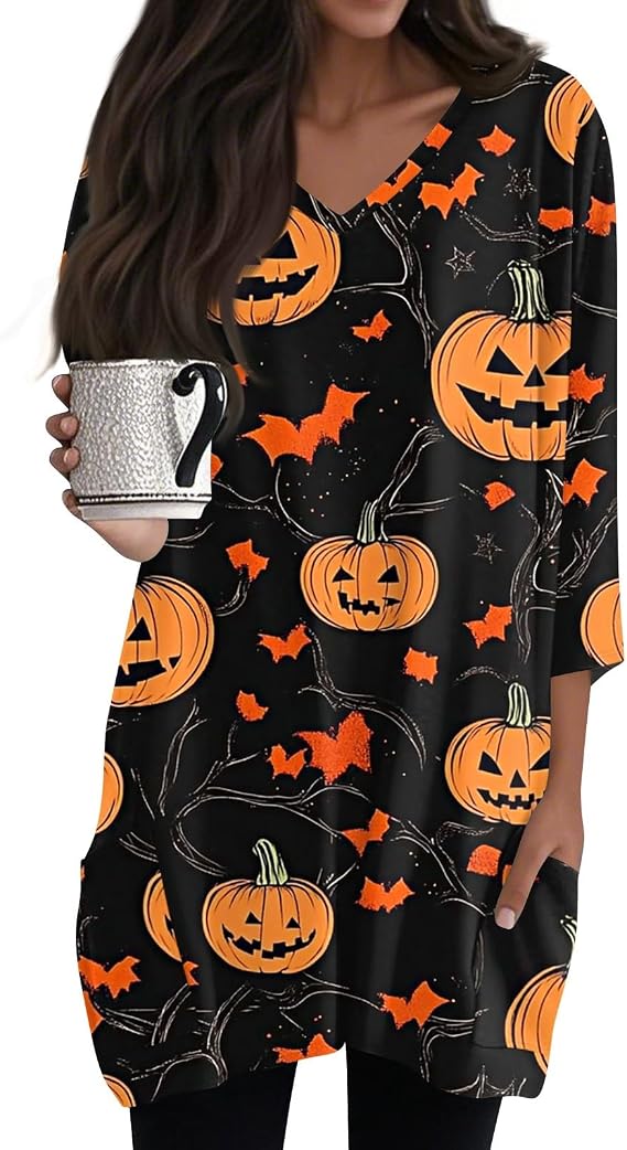 Ladies Fshion 3/4 Sleeve Shirts V Neck Halloween Fall Outfits 2025 Pumpkin Skeleton Ghost Print Casual Tops