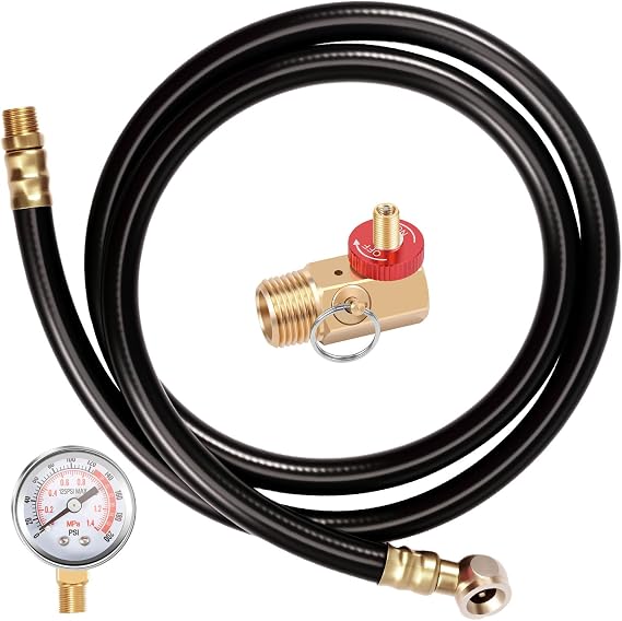 Air Tank Repair Kit with 0-200 PSI Pressure Gauge, 4ft PVC Air Hose Assembly & Heavy Duty Brass Manifold - Replacement Valve Kit for Portable Carry Tanks - 1/2" MNPT Tank End, 1/4" NPT Tire Chuck