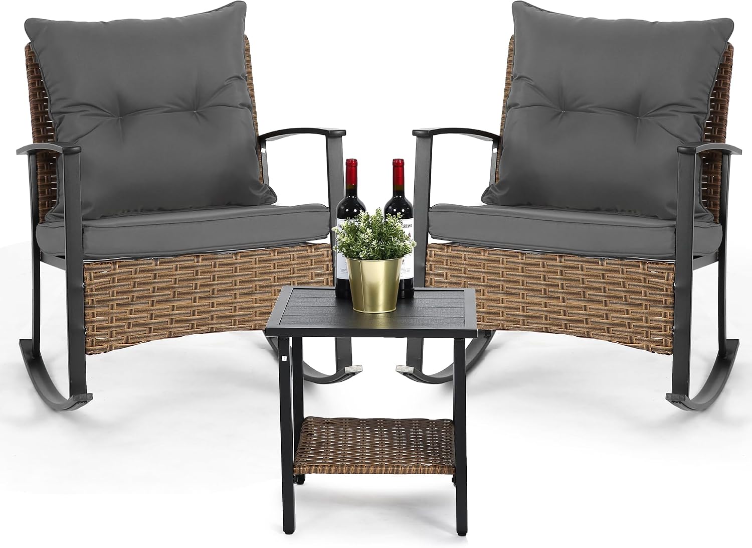 HOMEFUN Outdoor Rocking Chair Set with Cushions and 2-Tier Coffee Table, Rattan Wicker 3 Pieces Patio Bistro Furniture Sets for Garden, Porch, Balcony, Backyard Grey