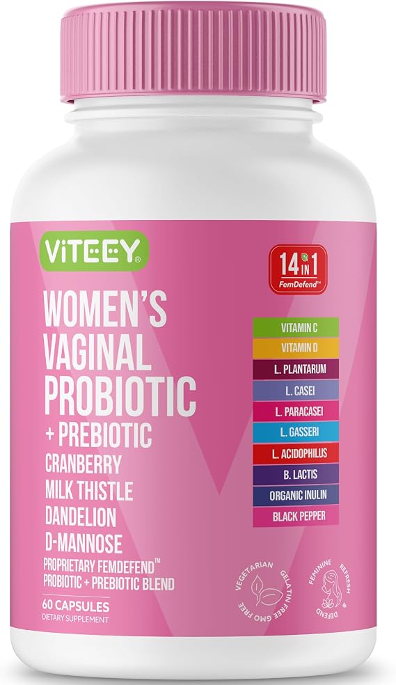 Viteey Vaginal Probiotic for Women - 14in1 FemDefend | Womens Probiotic + Prebiotic with Cranberry & D Mannose Vaginal Health & Urinary Tract Support Supplement 60 Capsules