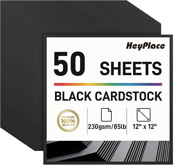 50 Sheets Black Cardstock, Thick Card Stock Paper for Printer, Resume, Scrapbooks, Back to School Supplies, 12 x 12 Inches 85lb / 230GSM