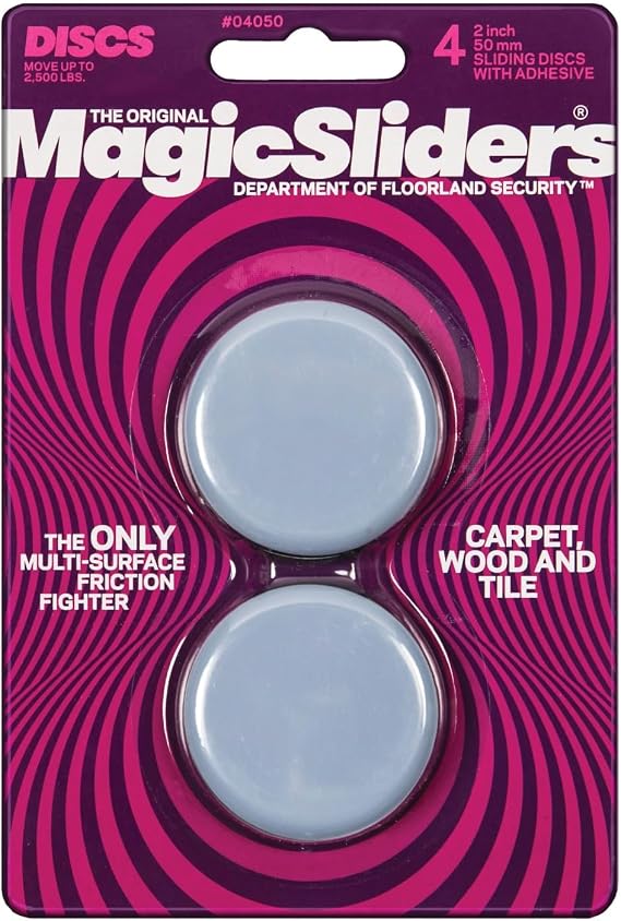 MAGIC SLIDERS L P 4050-2" Reusable Furniture Sliders | Heavy-Duty Self-Adhesive Floor Protectors for Carpets & Hard Floors | Non-Skid Pads for Chairs, Tables, and Heavy Furniture (Pack of 4, Grey)