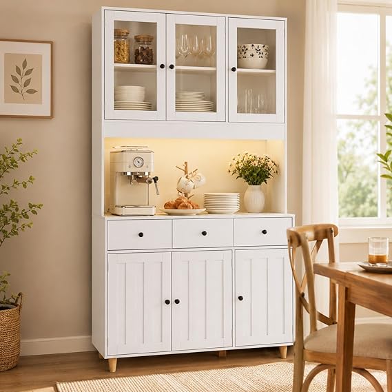 Xbro Kitchen Cupboard with LED Light & Power Outlet, 181cm Tall Pantry Cupboard with Acrylic Doors, Drawers & Adjustable Shelves, Buffet Sideboard Larder Cupboard with Large Countertop