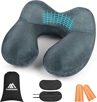 flintronic Inflatable Travel Pillow, Inflatable Travel Pillow for Airplane, Soft Velvet Neck Support, Lightweight Ergonomic Sleeping Neck Pillow for Airplane, Car, Train, Office, Camping (Grey)