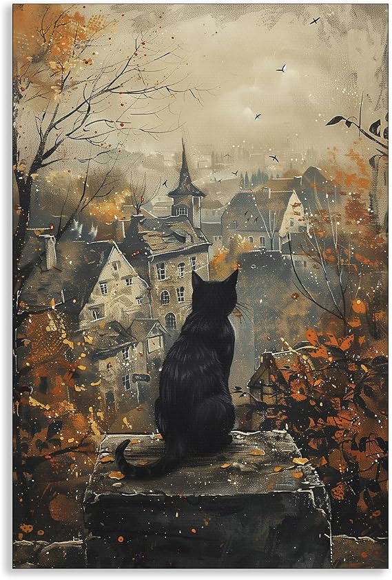 Xianyojafa Black Cat Halloween Canvas Wall Art, Moody Dark Fall Season Landscape Poster, Gothic Autumn Falling Leaves Picture, Goth Spooky Cat In Graveyard Print Halloween Wall Decor 12x16in Unframed