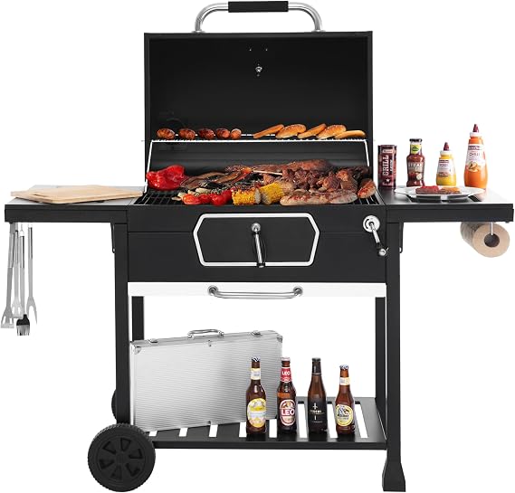 Royal Gourmet CD2030AN Deluxe 30-Inch Charcoal Grill, Collapsible Tables | Large BBQ Smoker, Crank Handle, Front Charcoal Access Door, Temperature Gauge, Picnic Camping Patio Backyard Cooking, Black