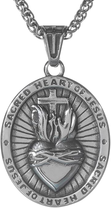Sacred Heart of Jesus Necklace, Stainless Steel Jesus Christ Sacred Heart Medal, Punk Pendant Necklace Trendy Jewelry Christian Amulet Christian Gift