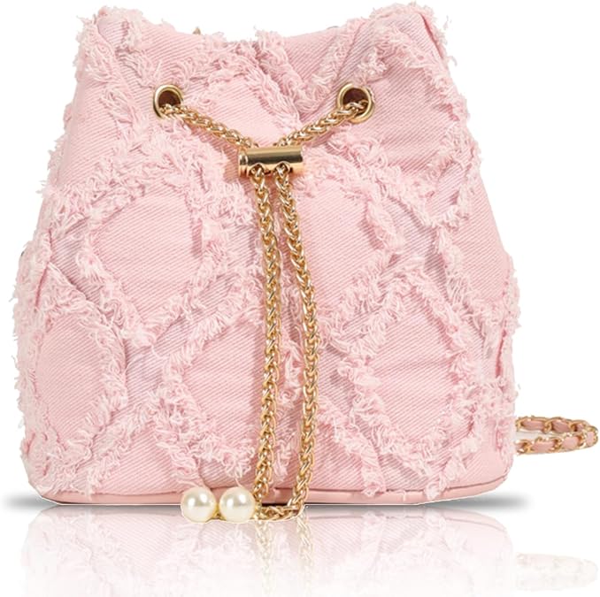 Jean Purses for Women, Distressed Jean Denim Bucket Bags Quilted Crossbody, Small Shoulder Bag Drawstring Handbag