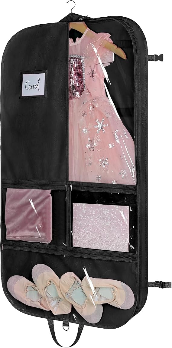 Univivi 40 Inch Dance Costume Garment Bags for Dancers, Black | Breathable Non-Woven Fabric, Clear Zip Pockets, Adjustable Buckle, Foldable Hanging Dance Garment Bag for Travel