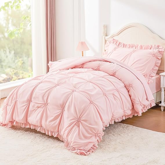 Twin Comforter Set for Girls, Boho Pintuck Bedding Comforter Sets, 4 Pieces Ruffles Jacquard Embroidery Twin Bedding Sets with Comforter, Fitted Sheet, Flat Sheet and Pillowcase, Pink