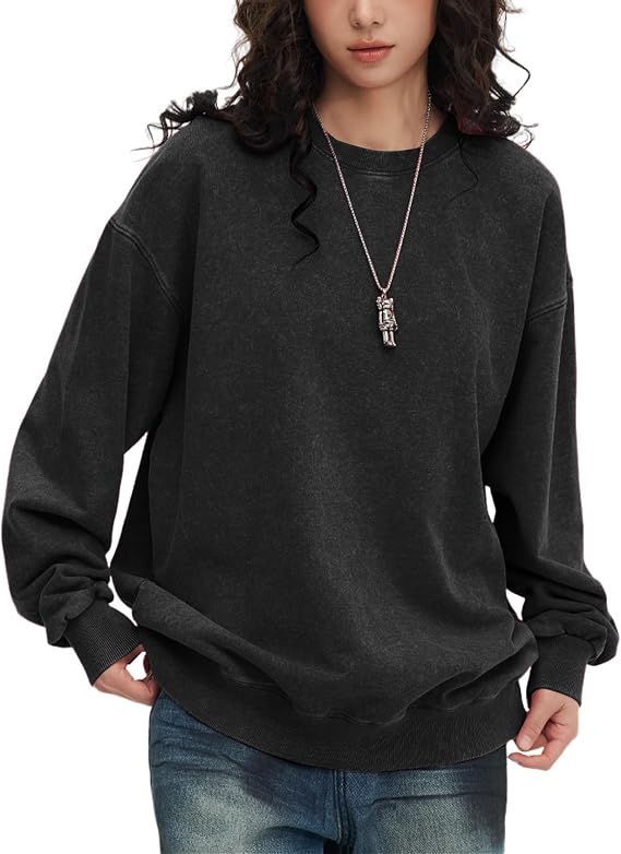 Wyeysyt Oversized Sweatshirt for Women Vintage Loose Fit Cotton Sweatshirts Crewneck Baggy Acid Wash Pullover Teen Y2k