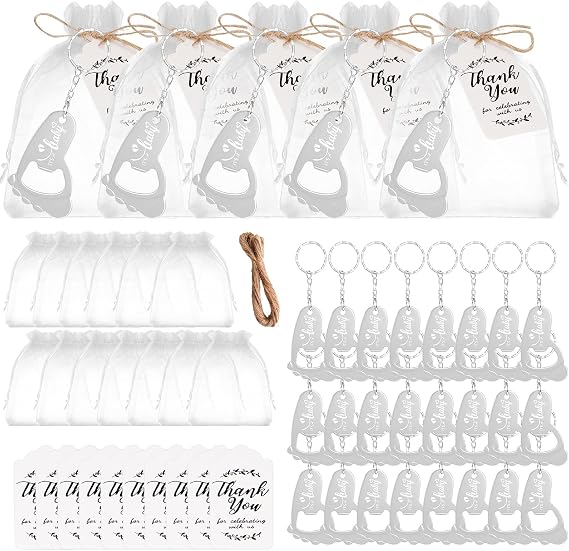 50 PCS Footprint Bottle Opener Keychains for Baby Shower Party Favors | Includes 50 Organza Bags, 50 Thank You Tags, and String, Unique Baby Shower Souvenirs and Gifts for Guests, Silver