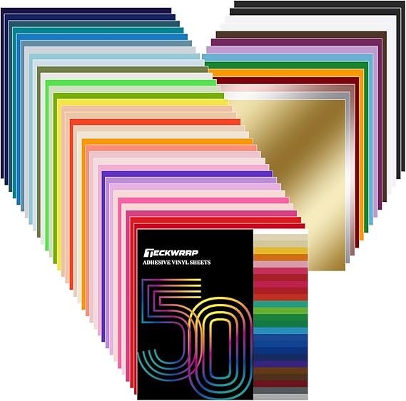 TECKWRAP 50 Pack 12" x 12" Permanent Adhesive Vinyl Sheets 48 Assorted Colors (Glossy & Matte) with 2 Transfer Tape for DIY Crafting, Decor Sticker Compatible with Cutting Machines