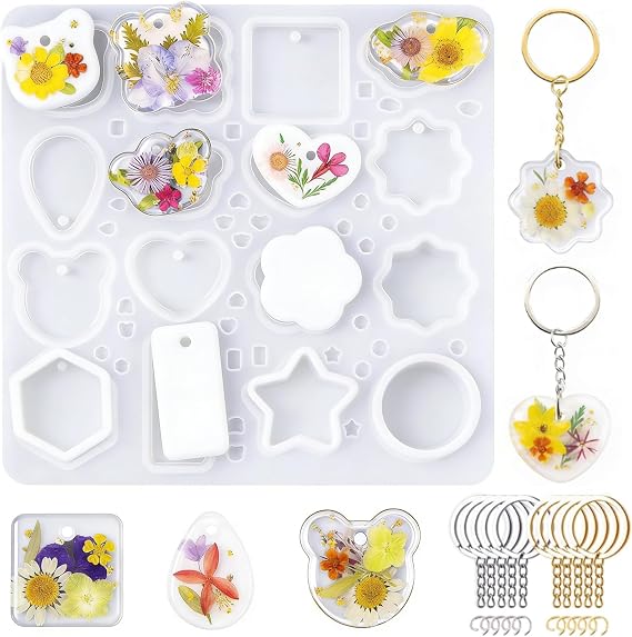 Silicone Resin Keychain Mold with Hole 16 Cavities UV Resin Pendant Mold DIY Epoxy Resin Mold for Keychain Making Includes 10 Keychain Rings