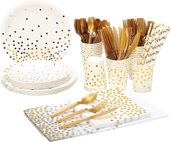 Party Supplies Set, 25-Person Disposable Tableware, 201-Piece Set, Suitable for Birthdays, Graduation Ceremonies, Weddings, and Holiday Celebrations (White Golden Dot)