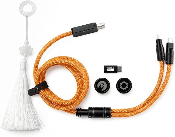Angry miao Split Dual 8K Gaming Cable AM Edition (4.6ft), High-Speed Dual Connection, Low Latency, Compatible with USB Type-C Devices, Durable Mesh Silver-Plated Wire - Starburst Orange