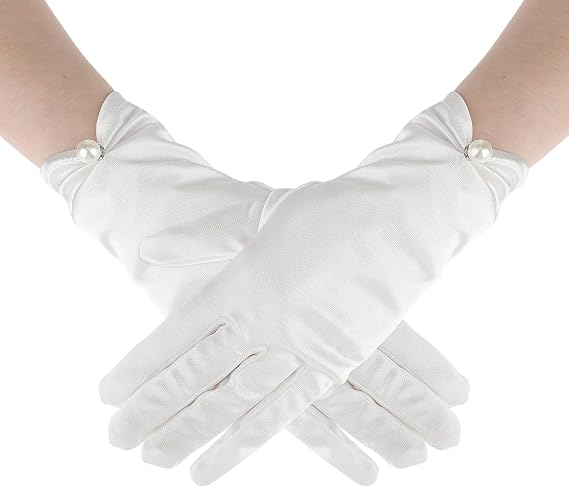 AHQiZFX White Satin Gloves for Women, Bridal Short Satin Gloves Wedding Banquet Opera Uniform Glove Opera Banquet 1920s Flapper Accessories Floral Tea Party Tuxedo Glove for Dance Dress Tea Party