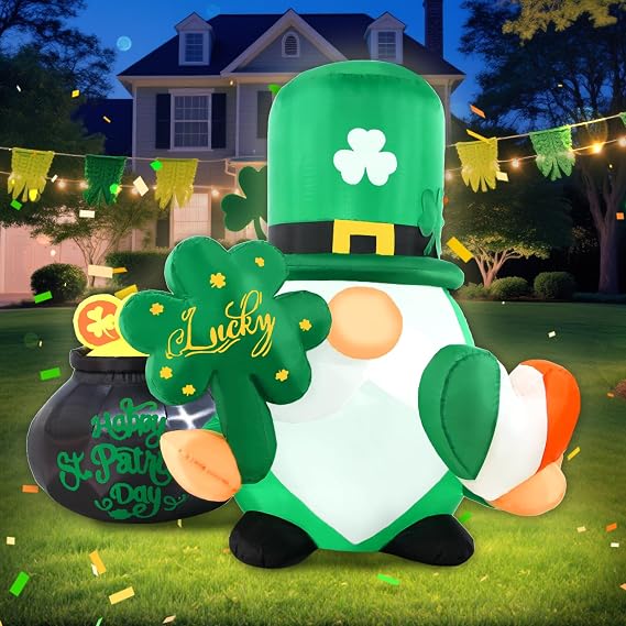St Patricks Day Inflatables Outdoor Decorations, 4FT Inflatable Lucky Gnome Leprechaun with Shamrock, Pot of Gold & Irish Heart, LED Lights St. Patrick's Blow Up Yard Decor for Outside Garden Lawn