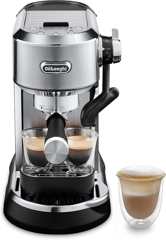 De'Longhi Dedica Maestro Plus - Manual Coffee Machine Automatic Steam Wand | Compact Coffee Maker with Temperature Control, Espresso, Cappuccino, ESE Pods, Control Panel with Buttons, Art Grey, EC950.M