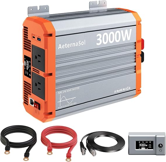 3000 Watt Pure Sine Wave Inverter 12V DC to 110V/120V AC, RV Power Inverter with Remote Control, 6000W Peak Solar Inverter for Battery, Off-Grid, Camping, Emergency Backup, 2 AC Outlets, USB-C 30W