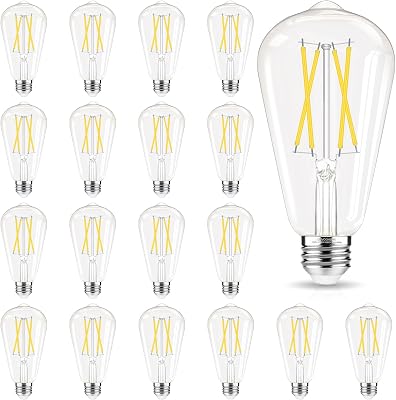 Edison Bulbs 60 watt Equivalent LED, E26 Bulb Dimmable, Cool White 4000K, ST58 Vintage Light Bulbs, 90 CRI, 6W 600LM, E26 Medium Base, Clear Glass, 18 Pack
