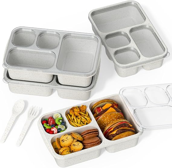 Large Capacity Bento Box for Adults, 4-Piece Set Stackable Lunch Box with 4 Compartments, Microwave & Dishwasher Safe, Reusable Meal Prep Containers, Snack Containers for Kids & Adults (White)