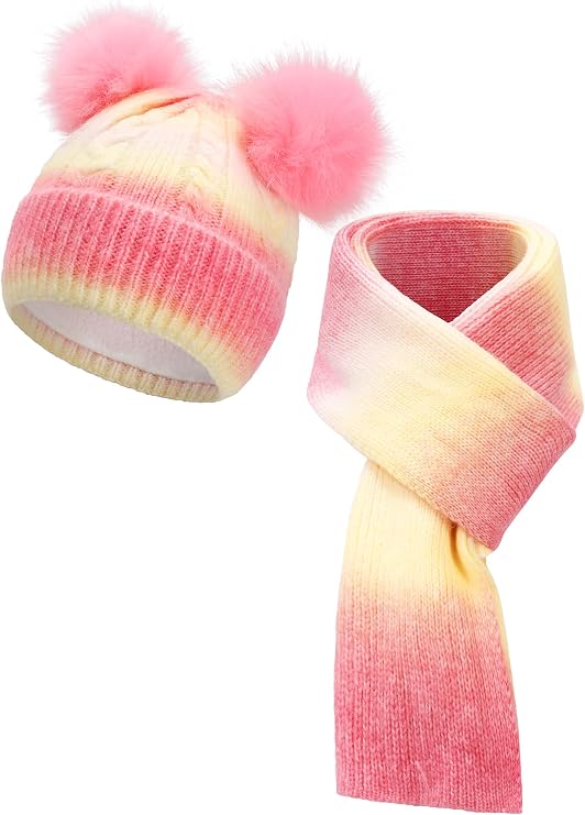 Winter Beanie Hat Scarf Set for Kids Boys Girls Double Pom Pom Hat with Knitted Scarf 2 in 1 Warm Set 3-10 Years